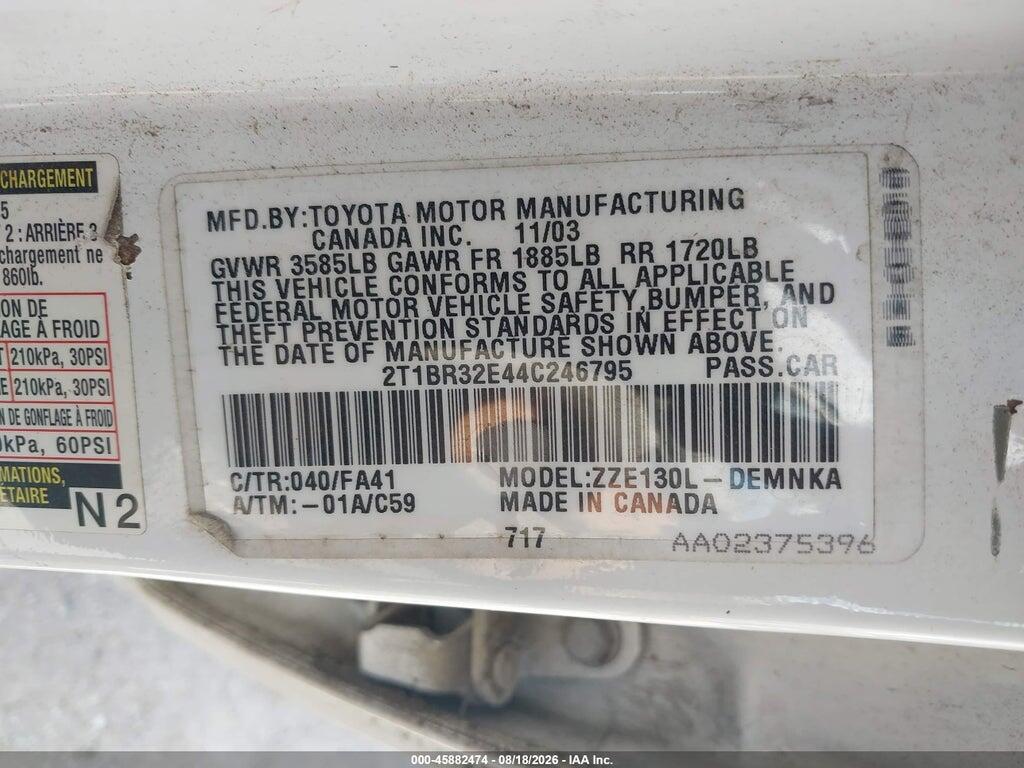 2T1BR32E44C246795 2004 TOYOTA COROLLA photo no. 9