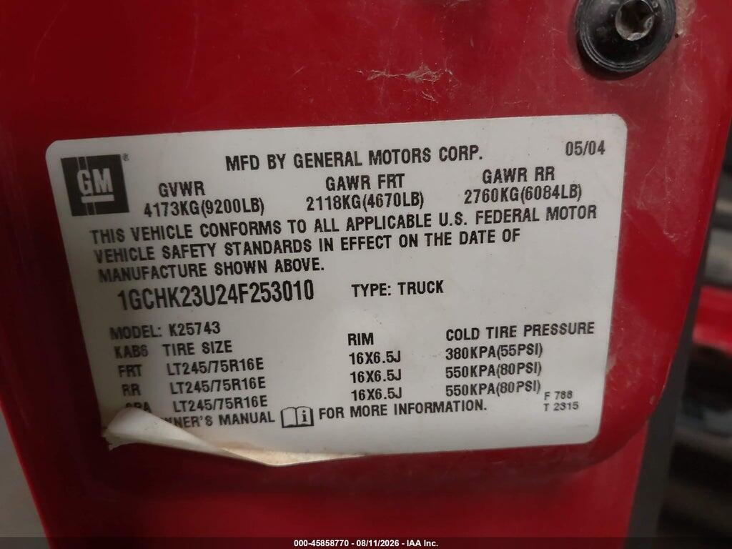 1GCHK23U24F253010 2004 CHEVROLET SILVERADO 2500HD photo no. 9