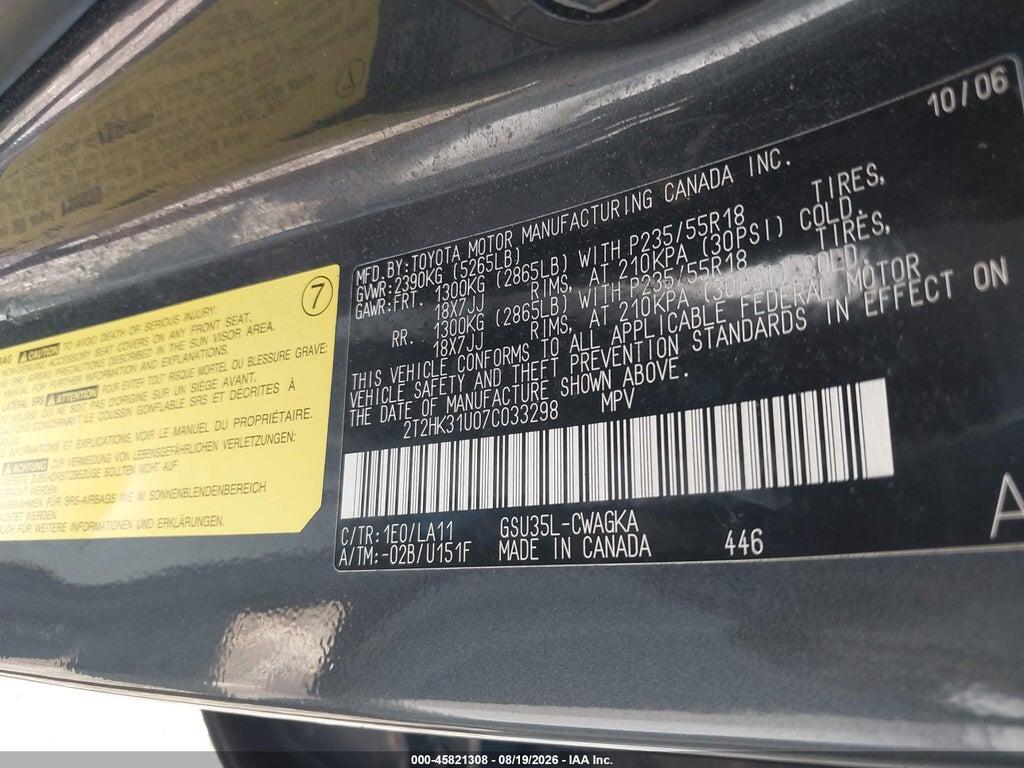 2T2HK31U07C033298 2007 LEXUS RX 350 photo no. 9
