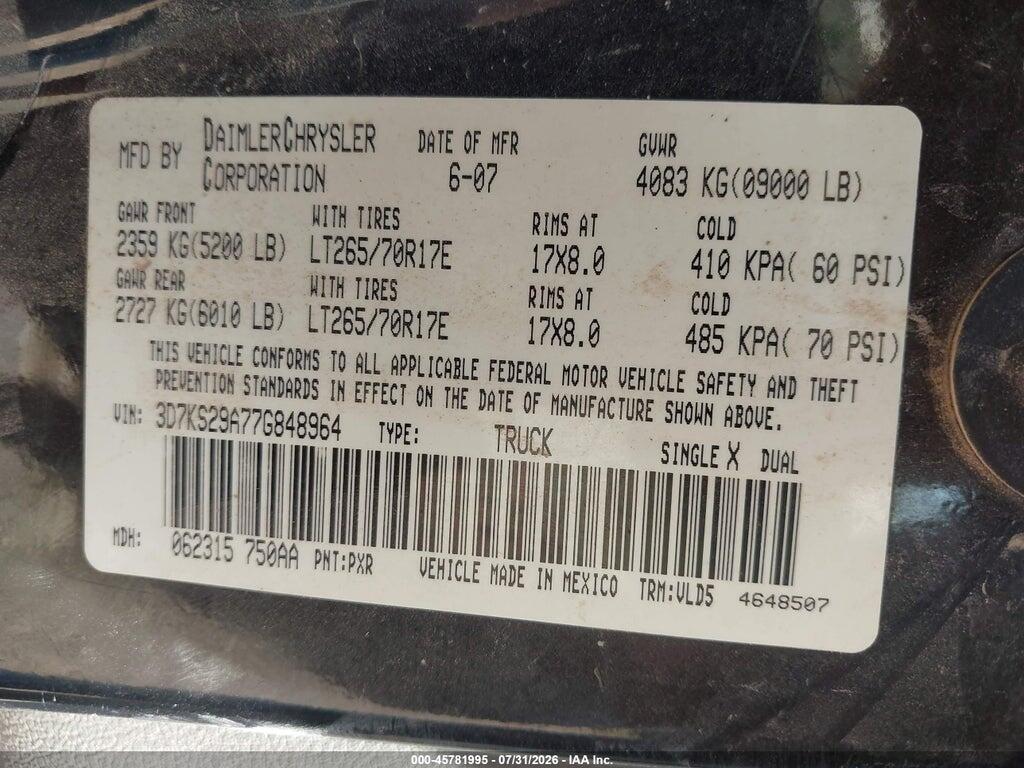 3D7KS29A77G848964 2007 DODGE RAM 2500 photo no. 9