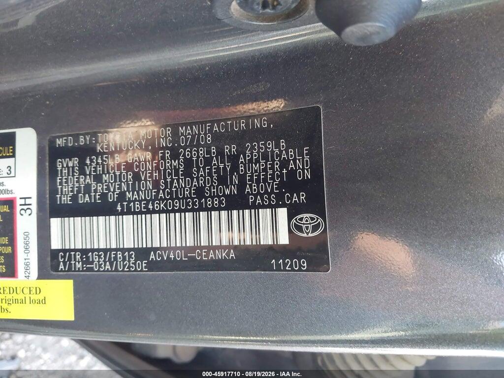 4T1BE46K09U331883 2009 TOYOTA CAMRY photo no. 9