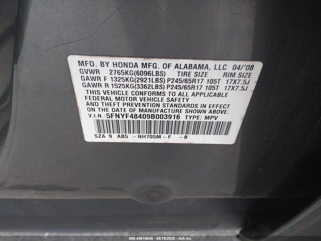 5FNYF48409B003916 2009 HONDA PILOT photo no. 9