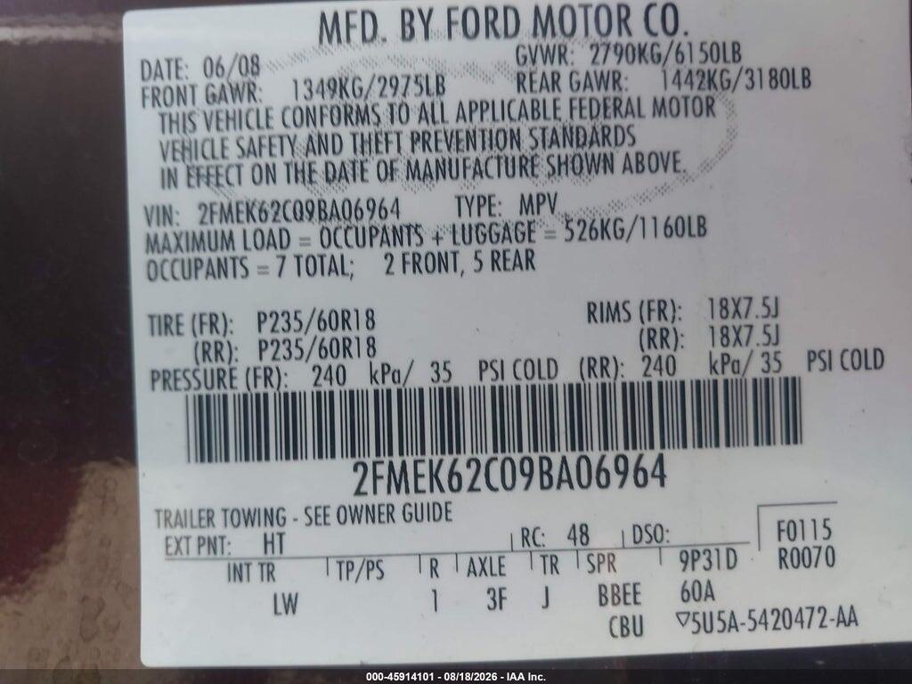 2FMEK62C09BA06964 2009 FORD FLEX photo no. 9