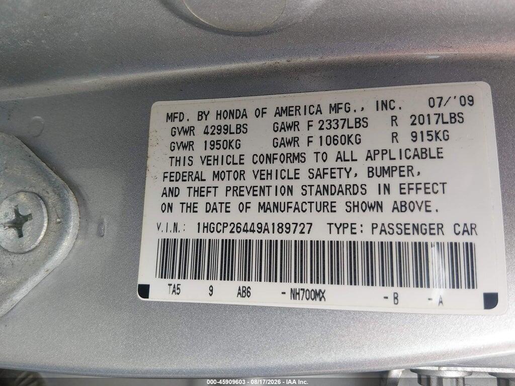 1HGCP26449A189727 2009 HONDA ACCORD photo no. 9
