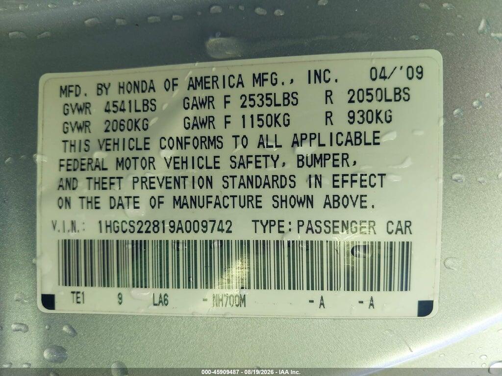 1HGCS22819A009742 2009 HONDA ACCORD photo no. 9