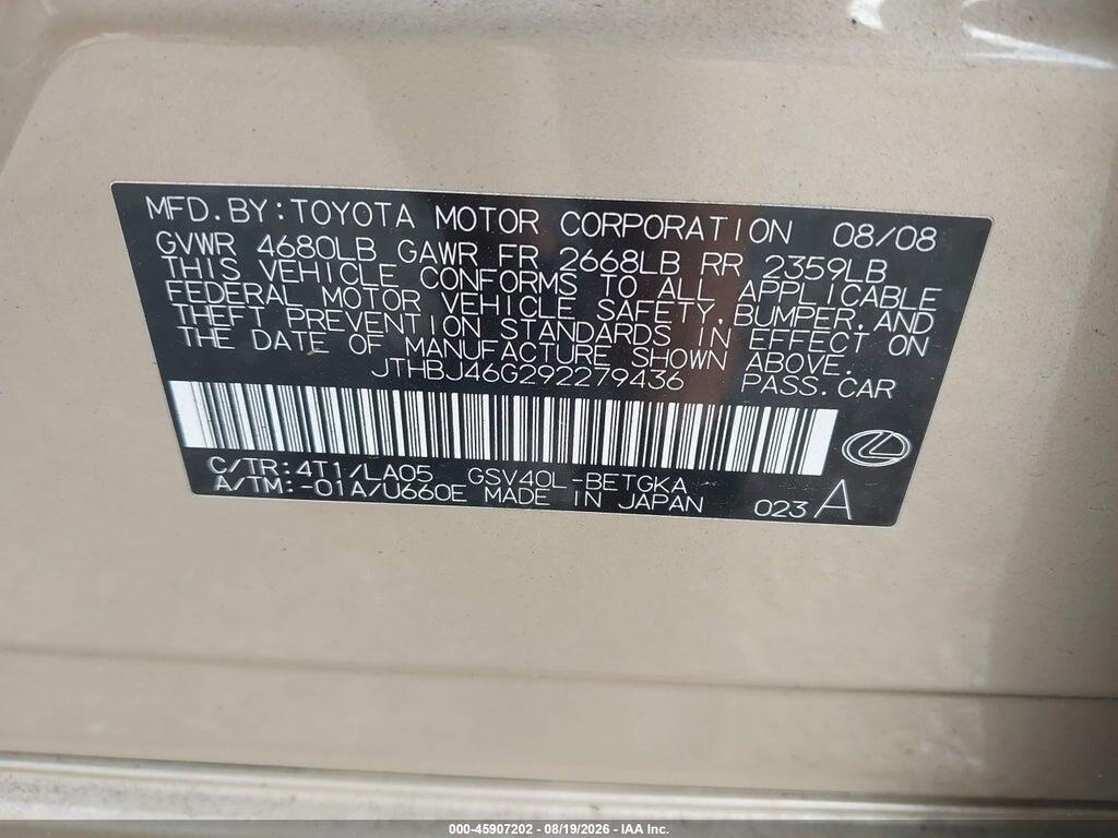 JTHBJ46G292279436 2009 LEXUS ES 350 photo no. 9
