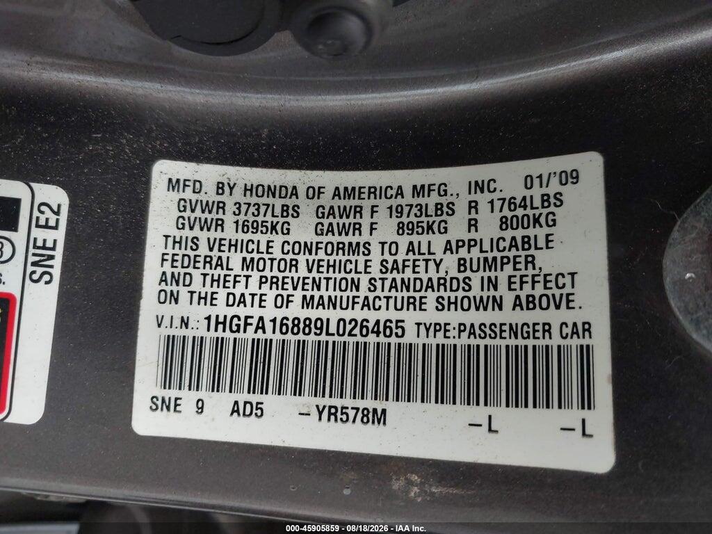 1HGFA16889L026465 2009 HONDA CIVIC photo no. 9