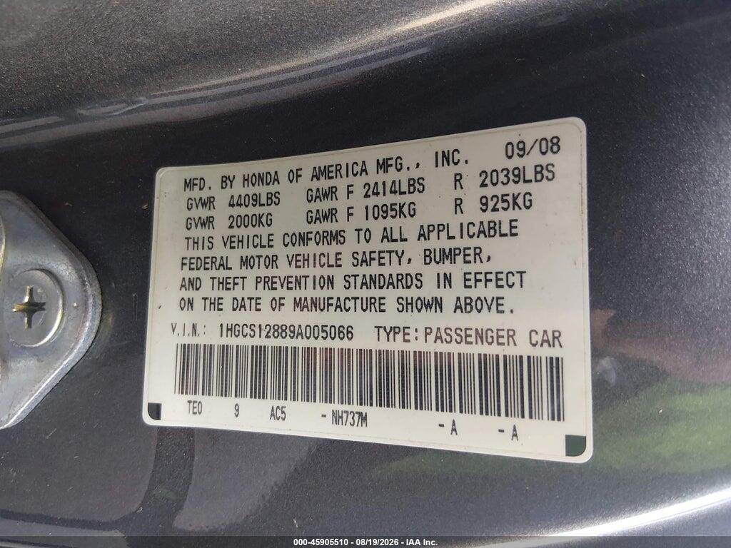 1HGCS12889A005066 2009 HONDA ACCORD photo no. 9