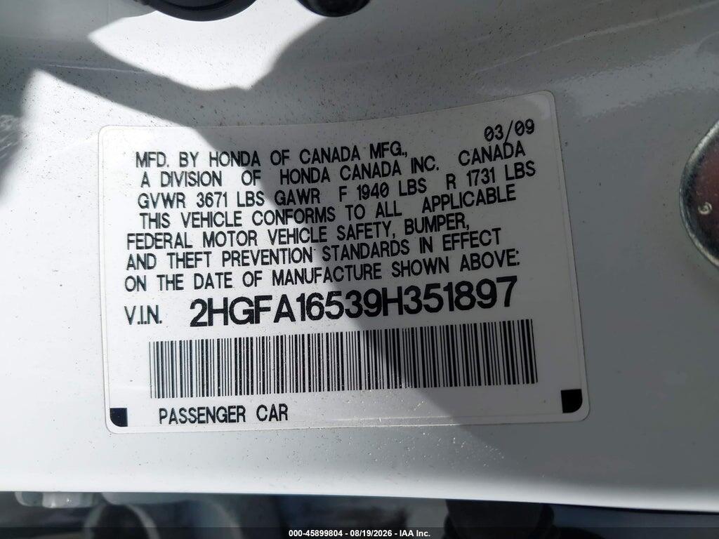 2HGFA16539H351897 2009 HONDA CIVIC photo no. 9