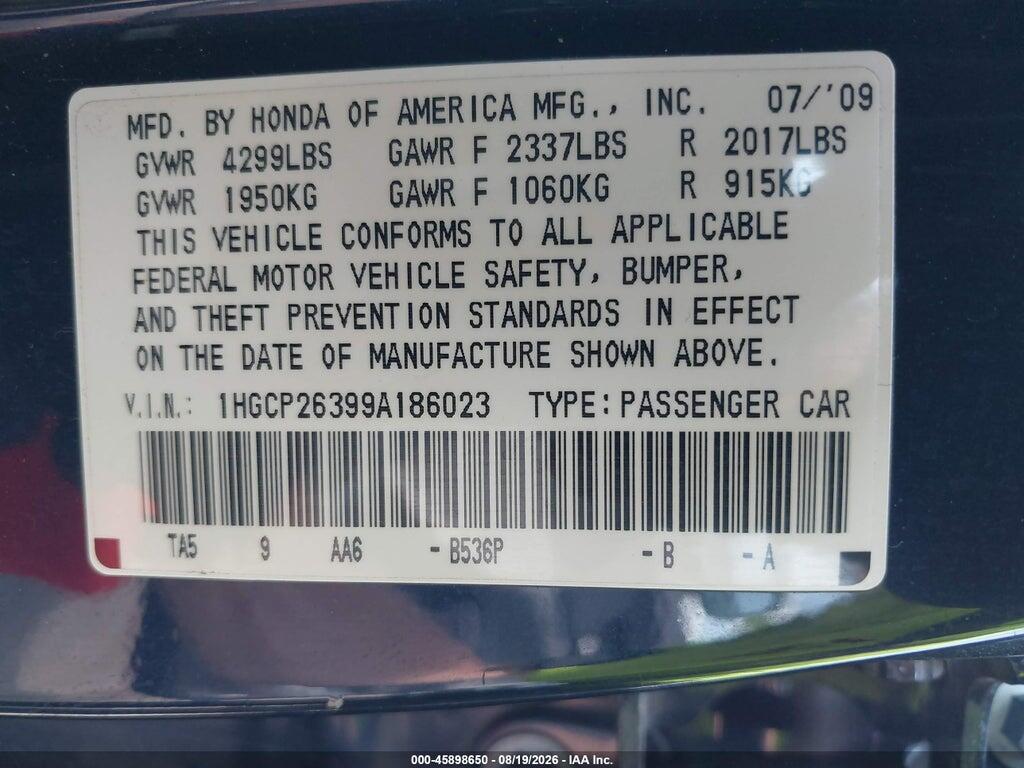 1HGCP26399A186023 2009 HONDA ACCORD photo no. 9