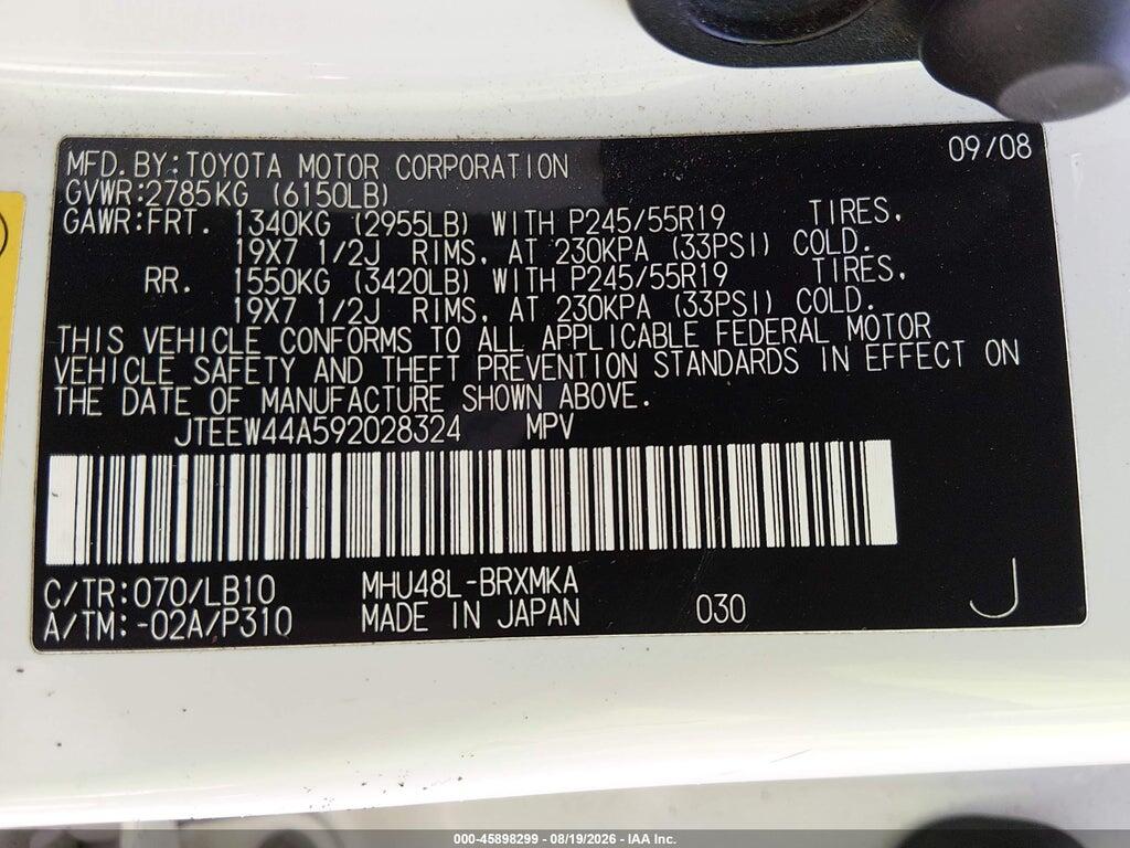 JTEEW44A592028324 2009 TOYOTA HIGHLANDER HYBRID photo no. 9