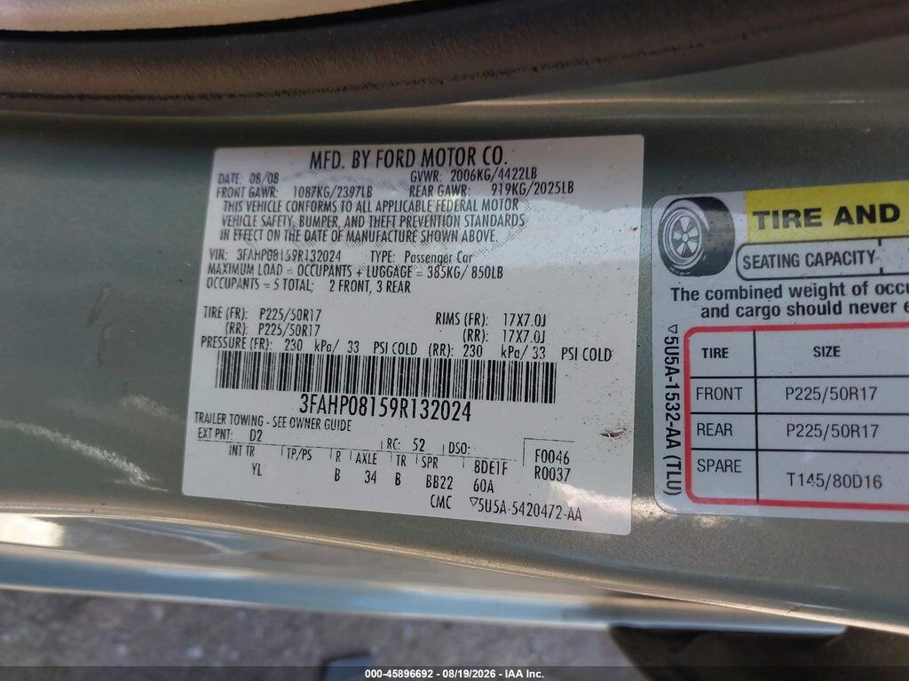 3FAHP08159R132024 2009 FORD FUSION photo no. 9