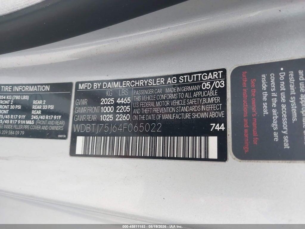 WDBTJ75J64F065022 2004 MERCEDES-BENZ CLK 500 photo no. 9