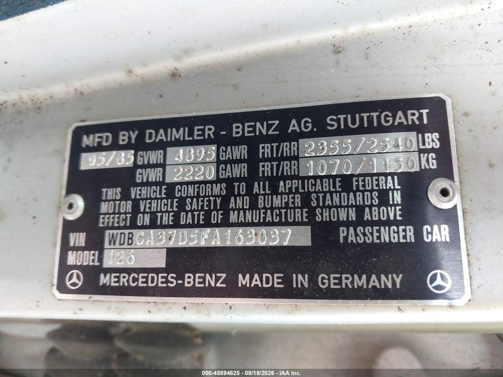 WDBCA37D5FA163037 1985 MERCEDES-BENZ 500 photo no. 9