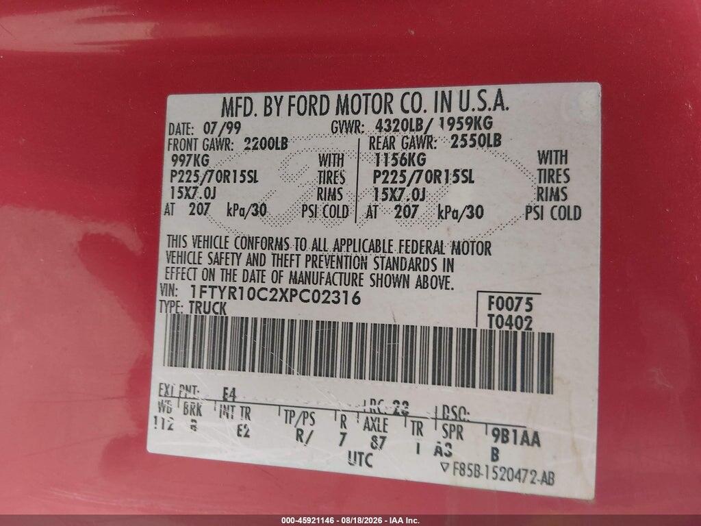 1FTYR10C2XPC02316 1999 FORD RANGER photo no. 9