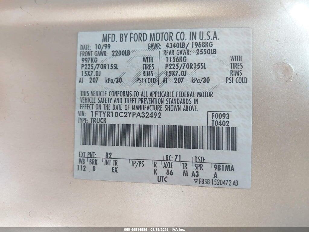 1FTYR10C2YPA32492 2000 FORD RANGER photo no. 9