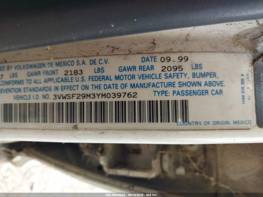 3VWSF29M3YM039762 2000 VOLKSWAGEN JETTA photo no. 9