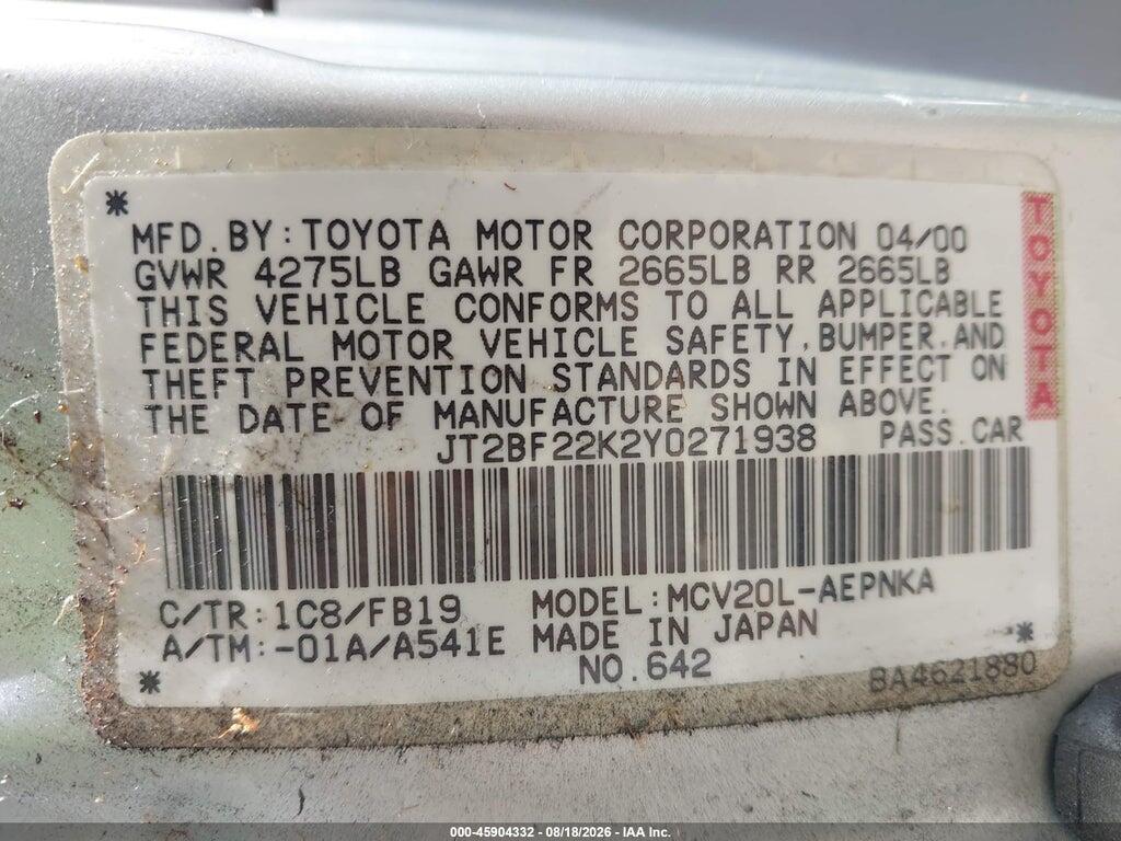 JT2BF22K2Y0271938 2000 TOYOTA CAMRY photo no. 9