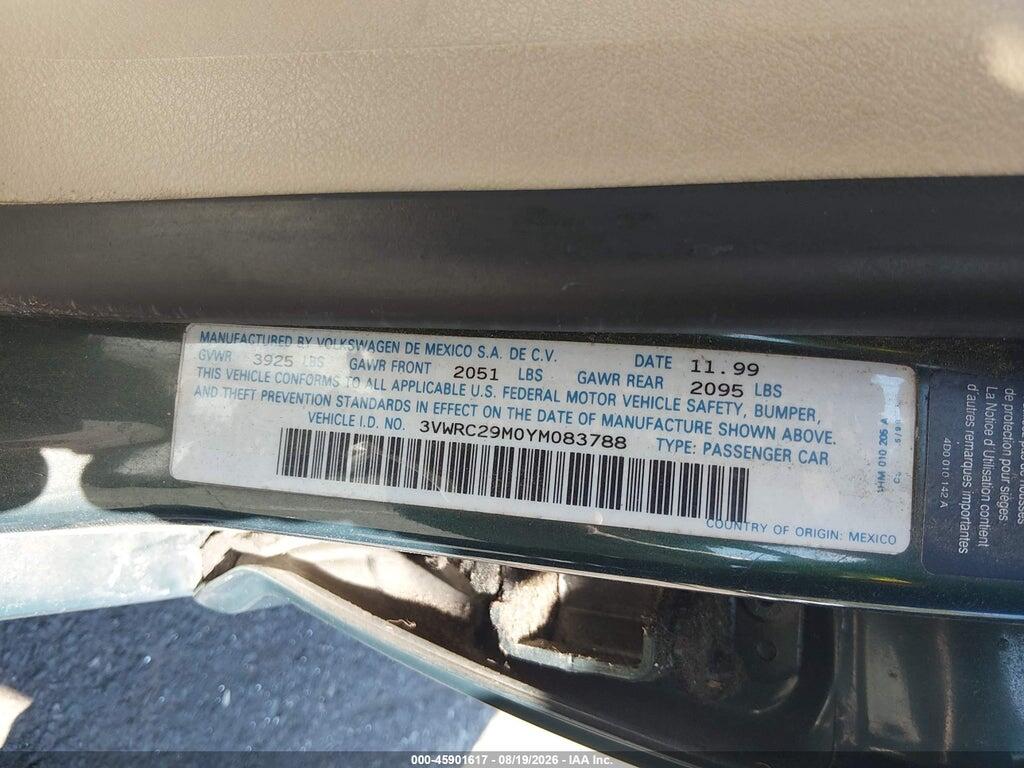3VWRC29M0YM083788 2000 VOLKSWAGEN JETTA photo no. 9