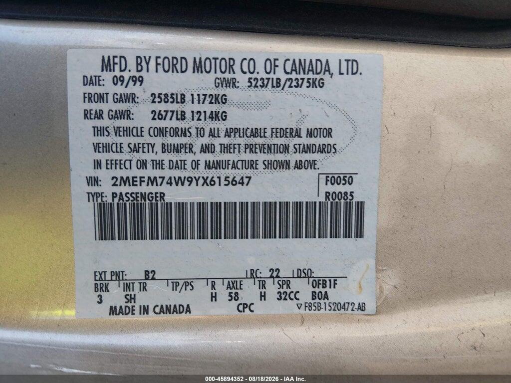 2MEFM74W9YX615647 2000 MERCURY GRAND MARQUIS photo no. 9