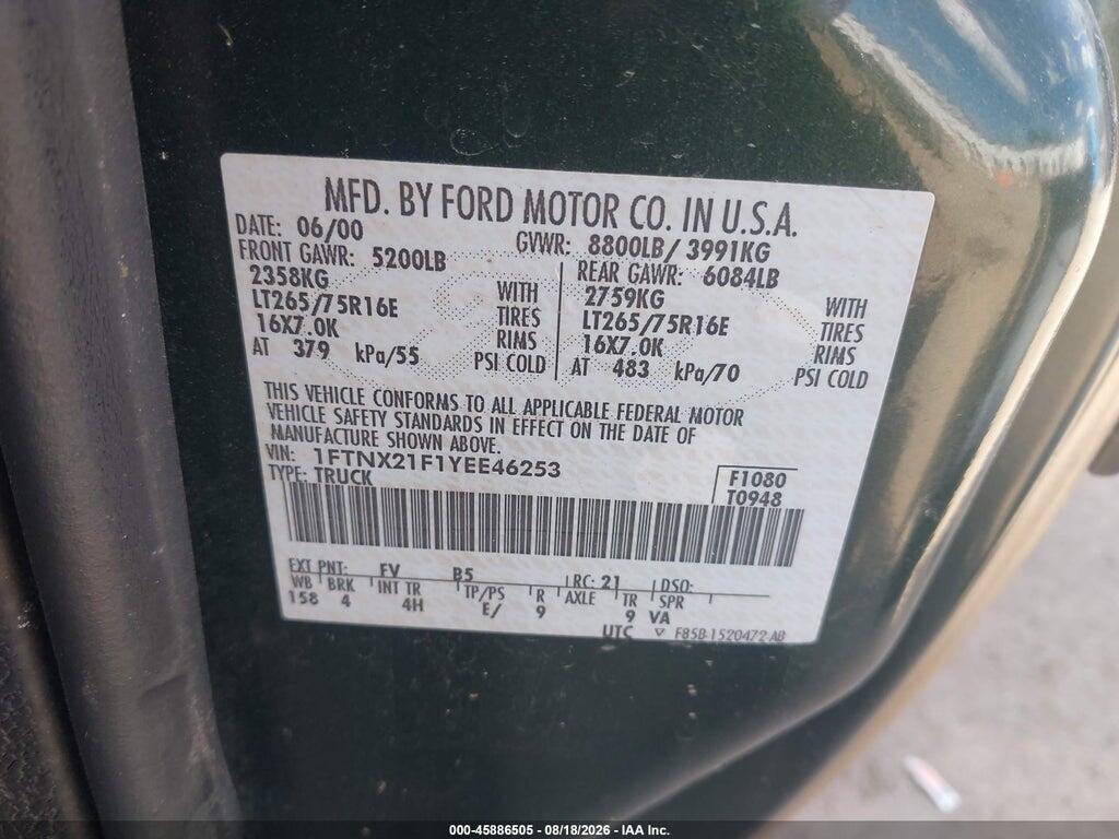 1FTNX21F1YEE46253 2000 FORD F-250 photo no. 9