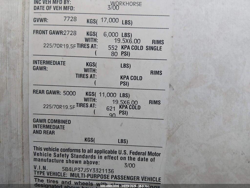 5B4LP37J5Y3321136 2000 WORKHORSE CUSTOM CHASSIS MOTORHOME CHASSIS photo no. 9