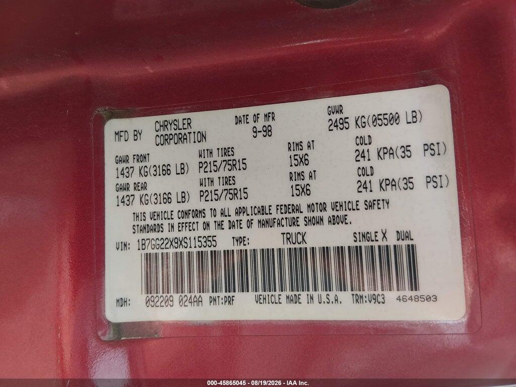 1B7GG22X9XS115355 1999 DODGE DAKOTA photo no. 9