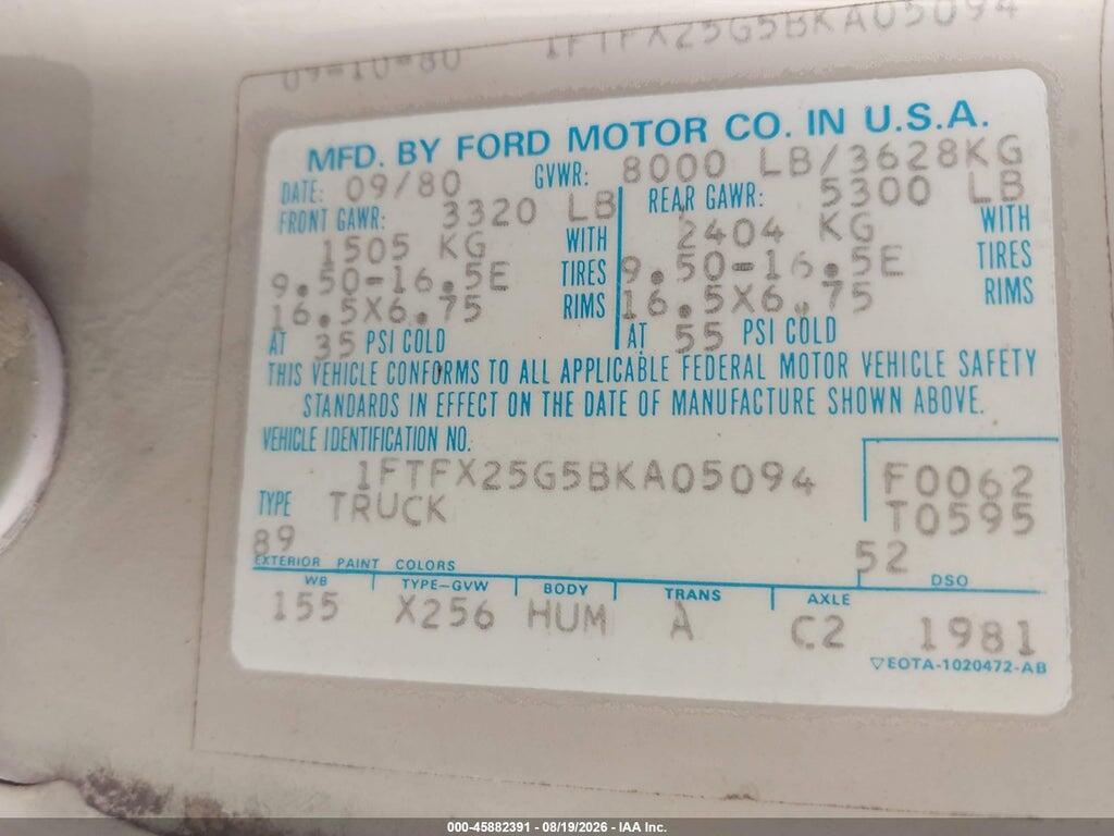 1FTFX25G5BKA05094 1981 FORD F250 photo no. 9