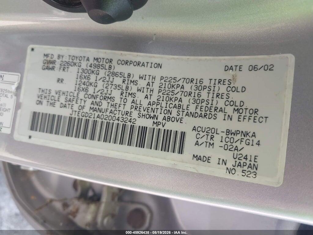 JTEGD21A020043242 2002 TOYOTA HIGHLANDER photo no. 9