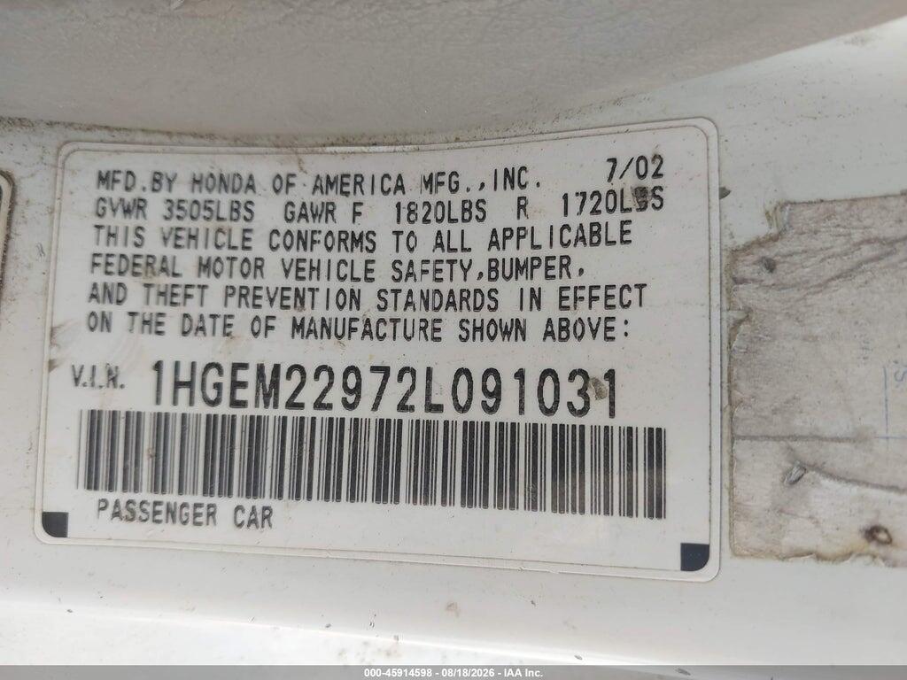 1HGEM22972L091031 2002 HONDA CIVIC photo no. 9
