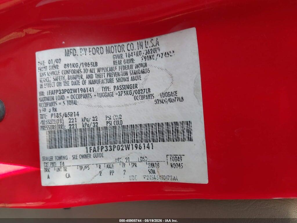 1FAFP33P02W196141 2002 FORD FOCUS photo no. 9