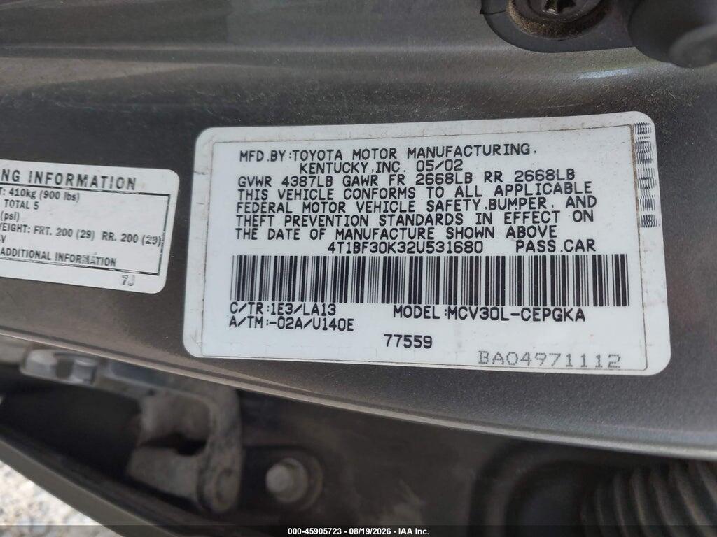 4T1BF30K32U531680 2002 TOYOTA CAMRY photo no. 9