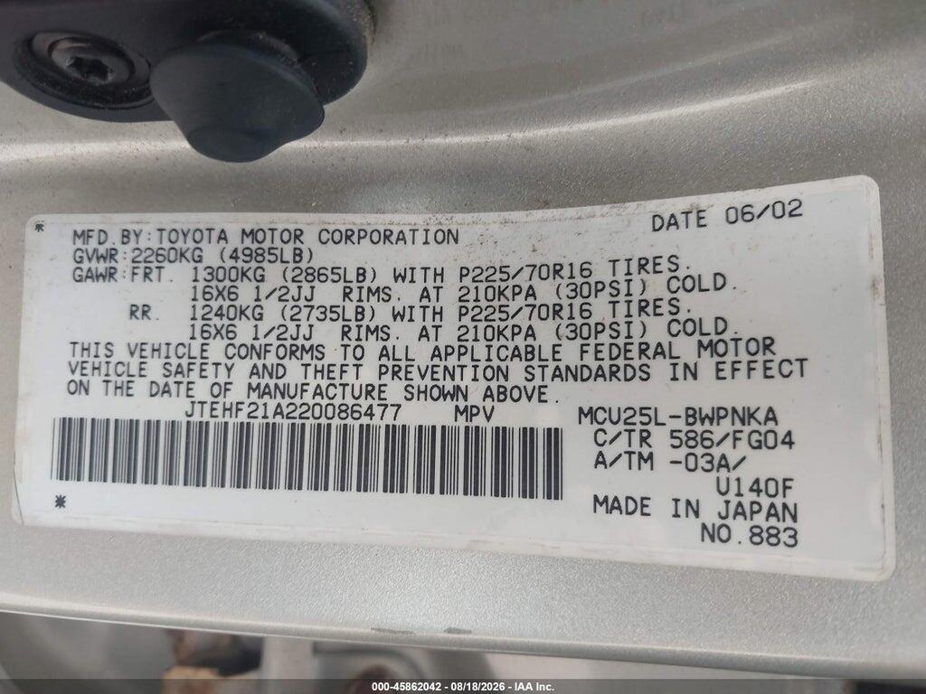 JTEHF21A220086477 2002 TOYOTA HIGHLANDER photo no. 9