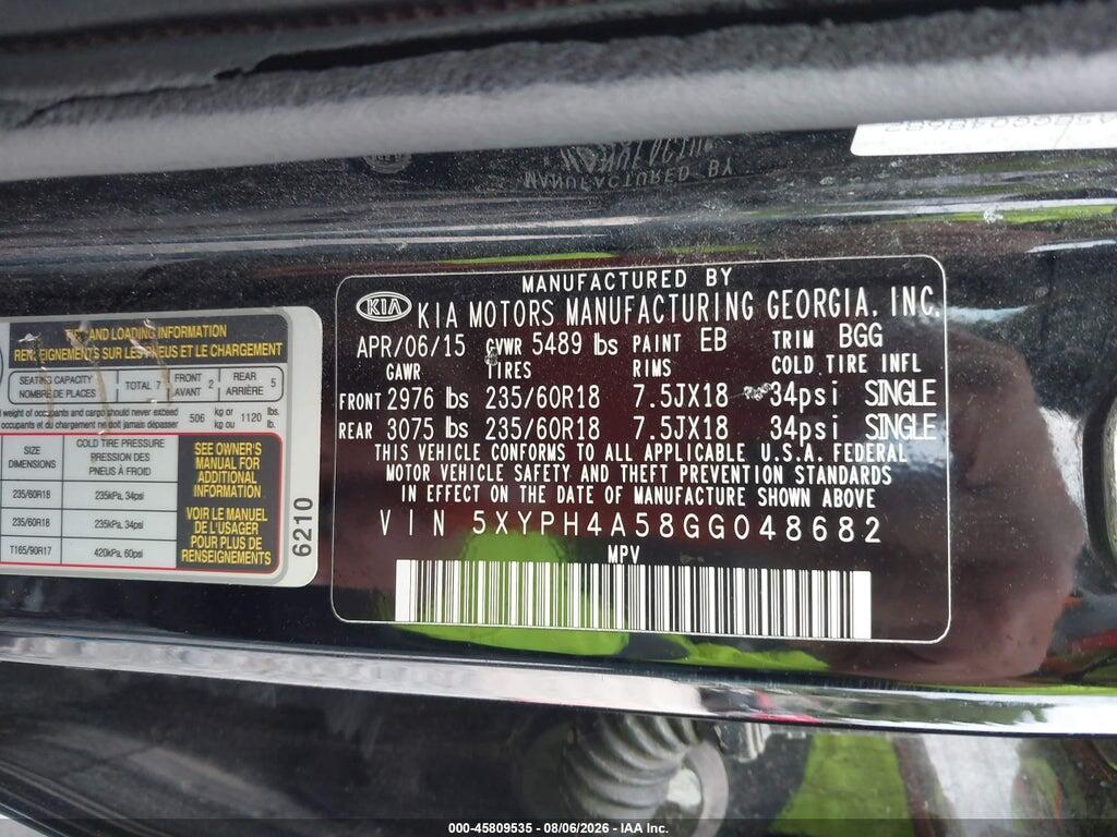5XYPH4A58GG048682 2016 KIA SORENTO photo no. 9
