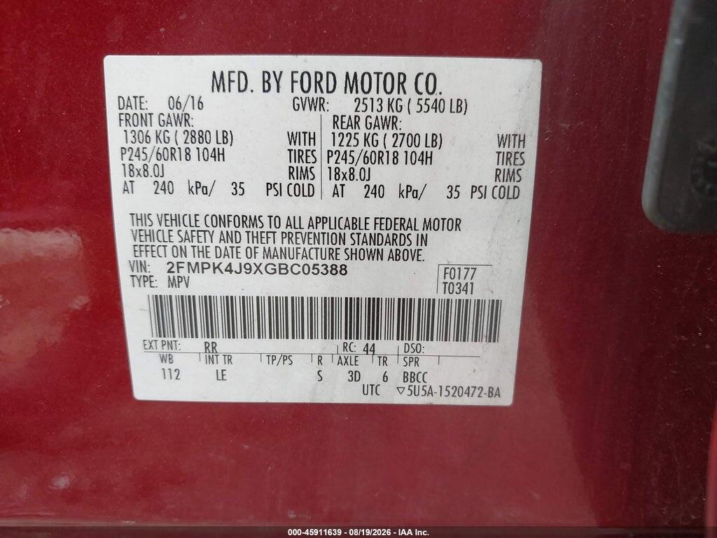 2FMPK4J9XGBC05388 2016 FORD EDGE photo no. 9