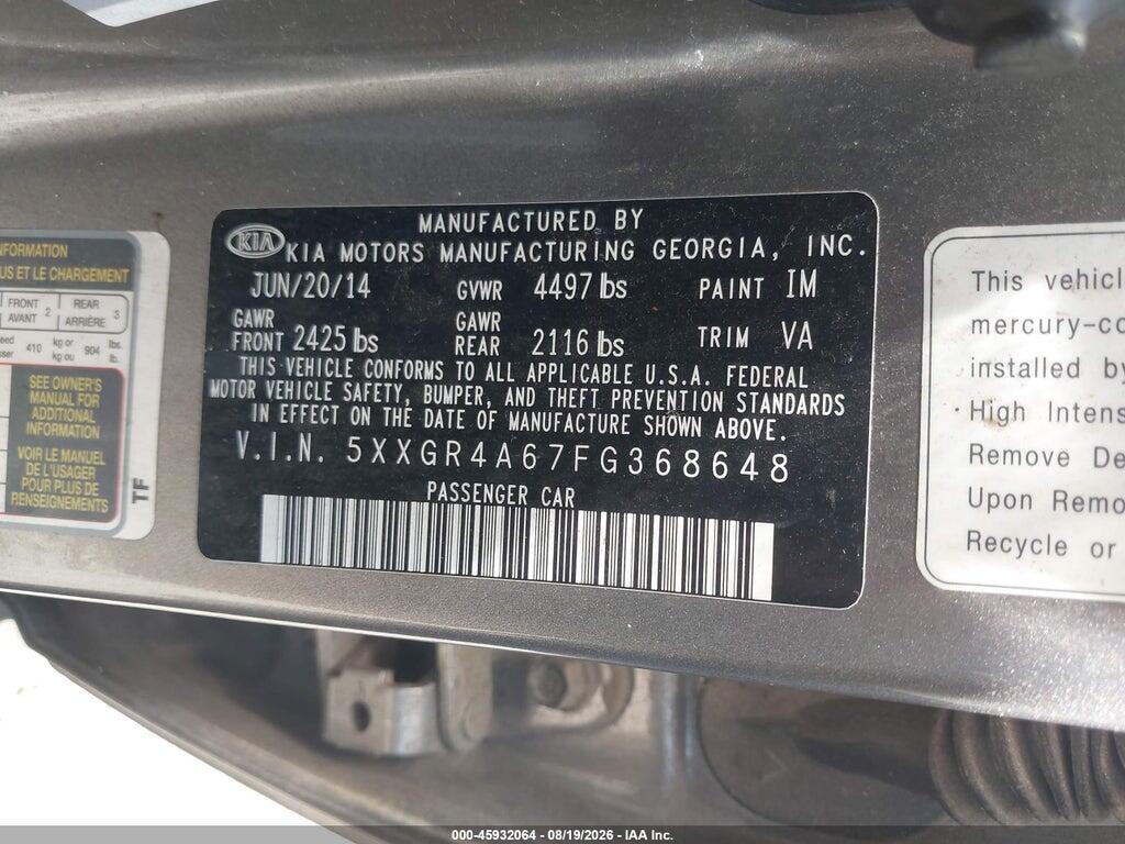 5XXGR4A67FG368648 2015 KIA OPTIMA photo no. 9
