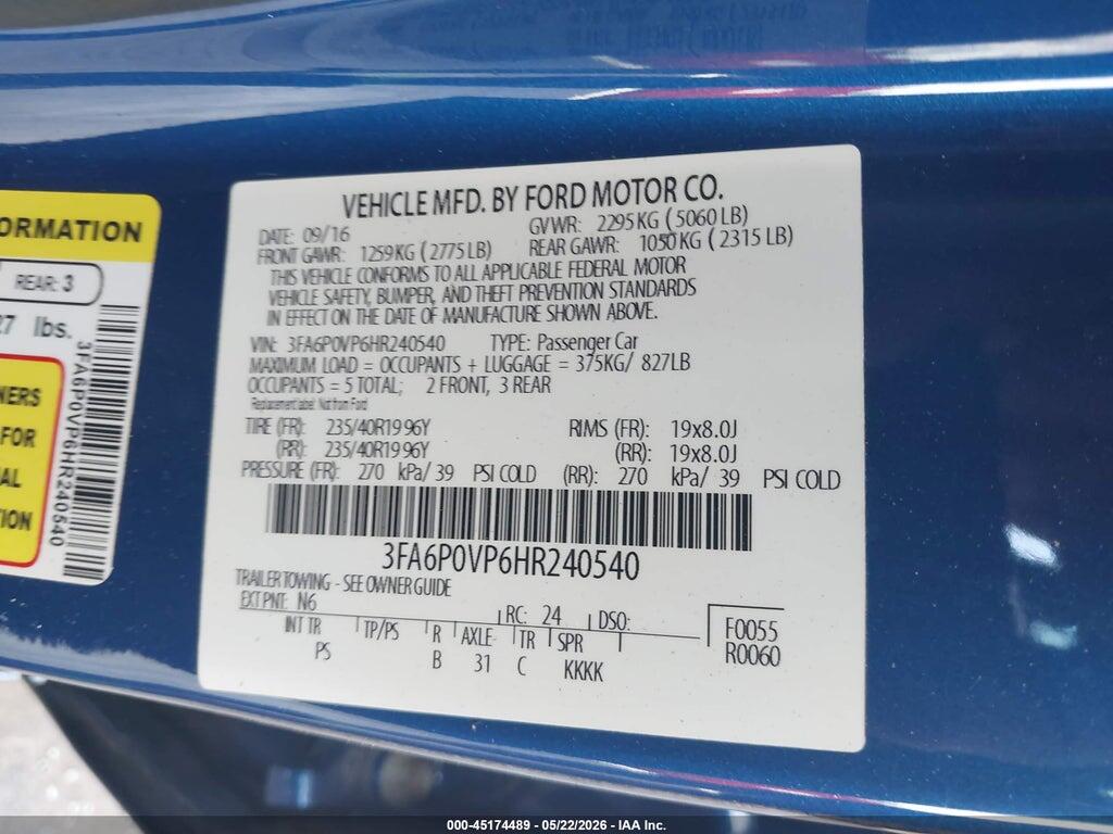 3FA6P0VP6HR240540 2017 FORD FUSION photo no. 9