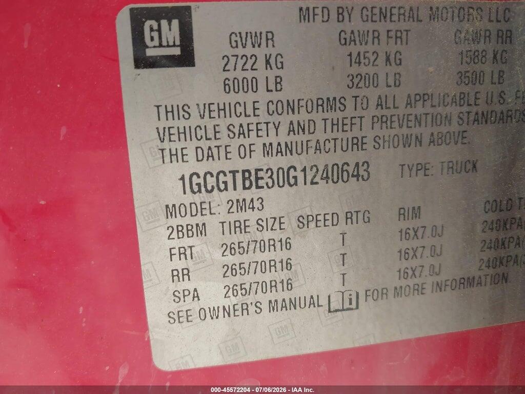 1GCGTBE30G1240643 2016 CHEVROLET COLORADO photo no. 9