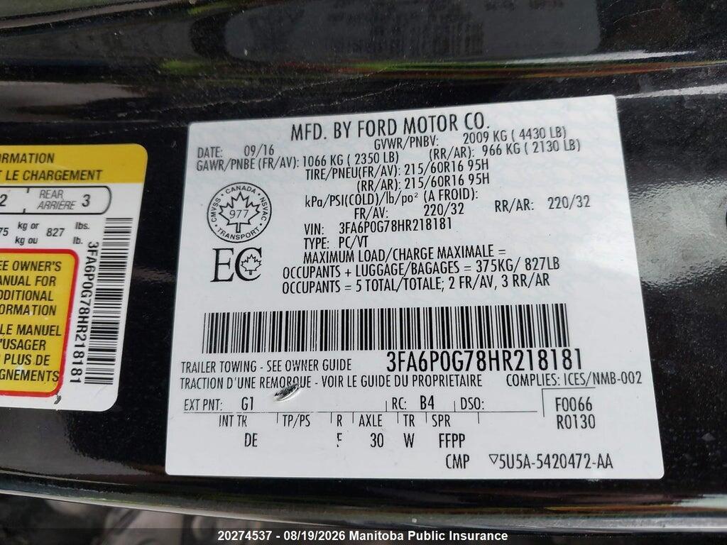 3FA6P0G78HR218181 2017 FORD FUSION photo no. 8