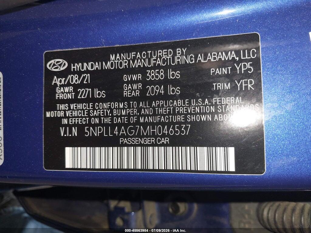 5NPLL4AG7MH046537 2021 HYUNDAI ELANTRA photo no. 9
