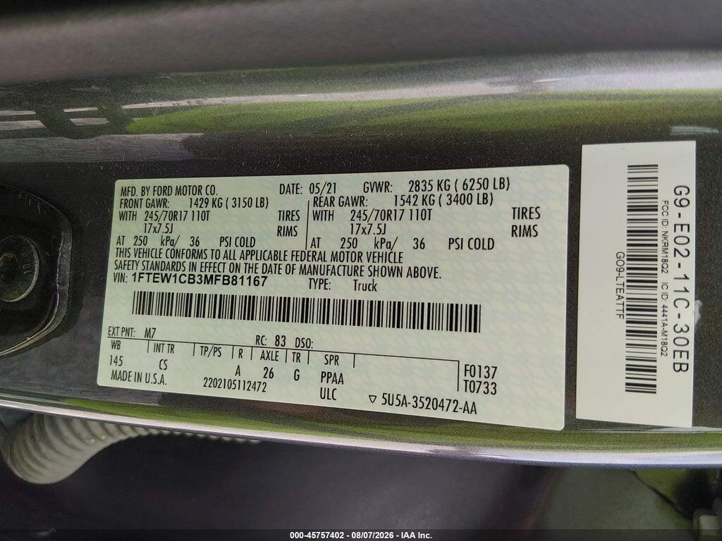 1FTEW1CB3MFB81167 2021 FORD F-150 photo no. 9