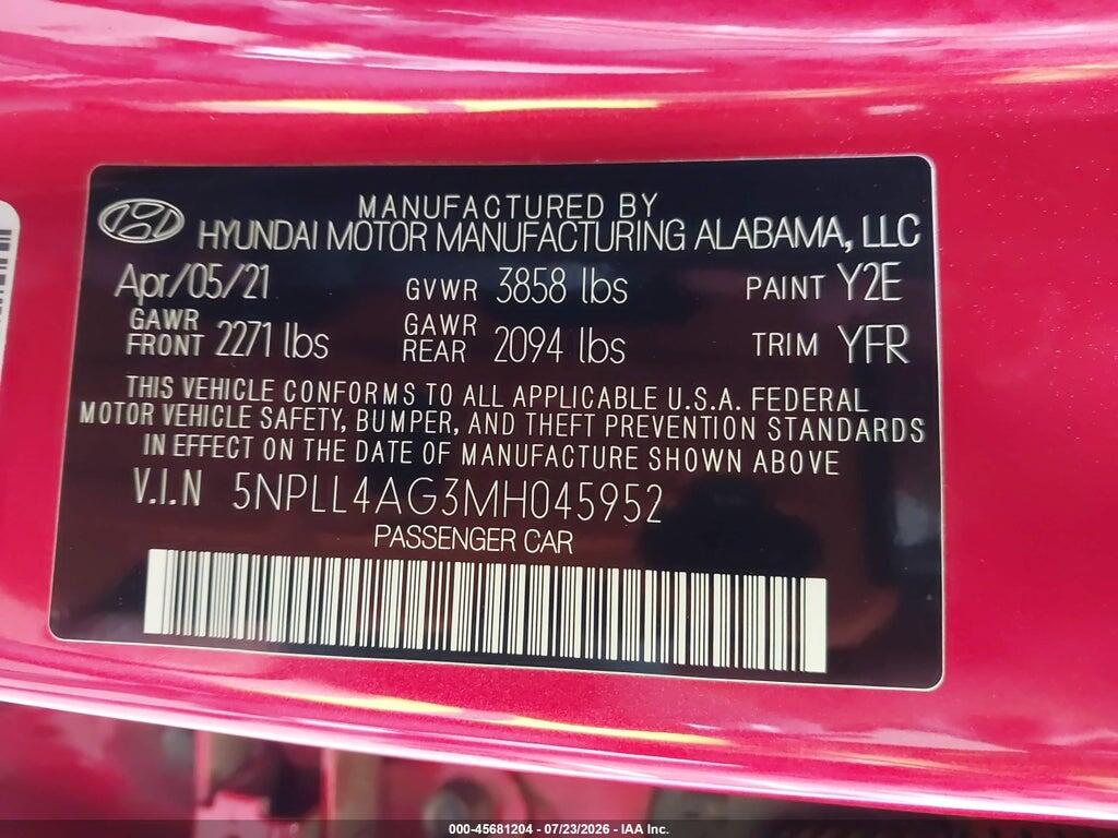5NPLL4AG3MH045952 2021 HYUNDAI ELANTRA photo no. 9