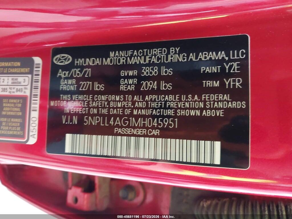 5NPLL4AG1MH045951 2021 HYUNDAI ELANTRA photo no. 9