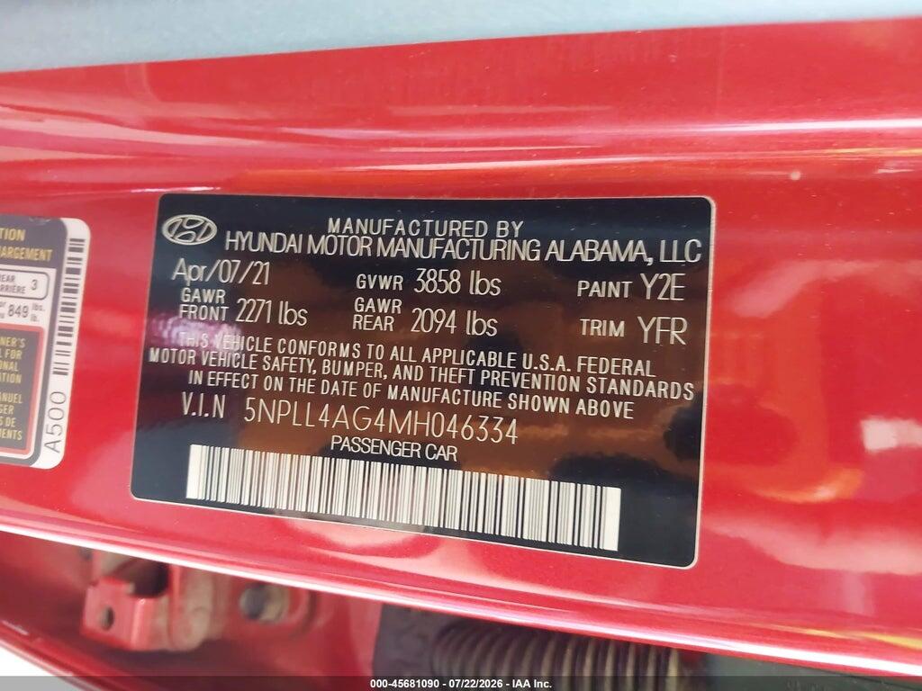5NPLL4AG4MH046334 2021 HYUNDAI ELANTRA photo no. 9