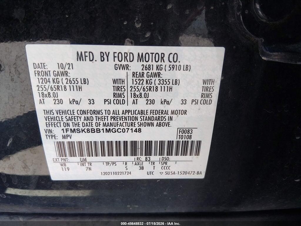 1FMSK8BB1MGC07148 2021 FORD EXPLORER photo no. 9