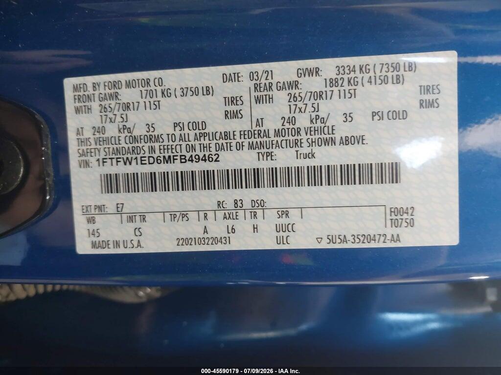 1FTFW1ED6MFB49462 2021 FORD F-150 photo no. 9