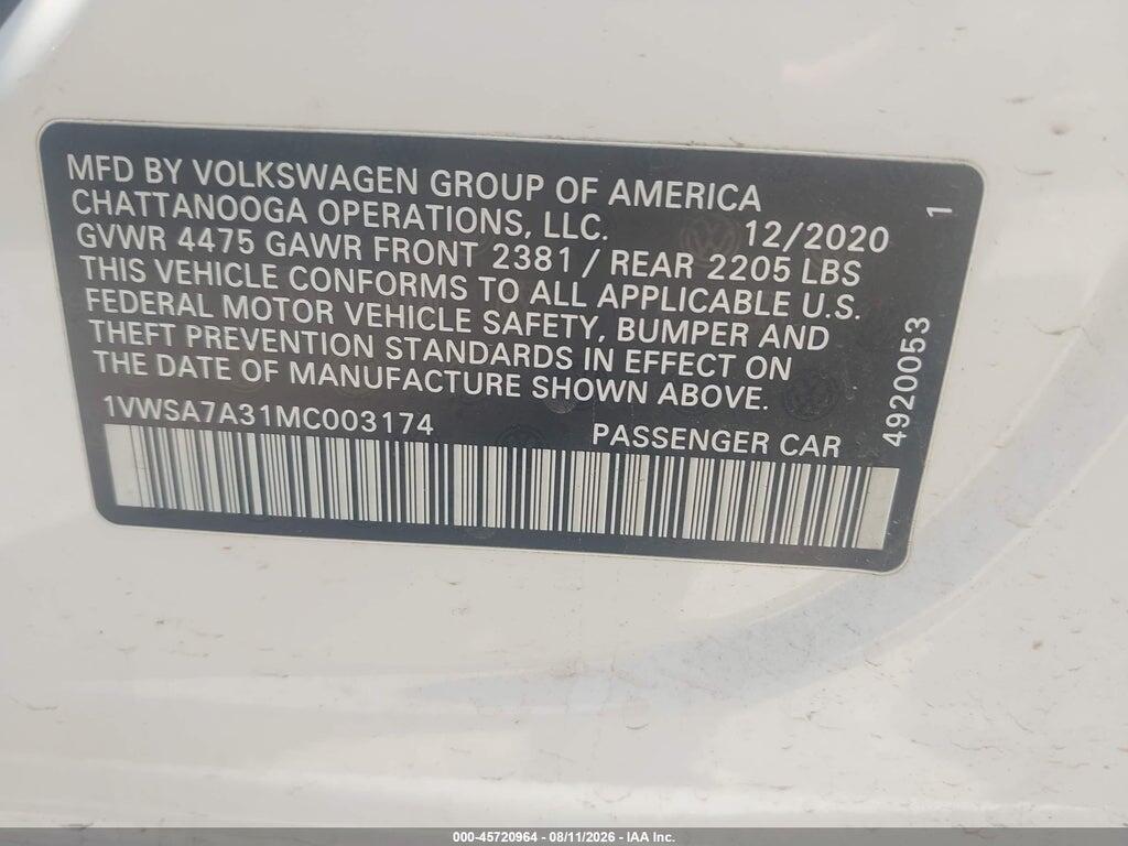 1VWSA7A31MC003174 2021 VOLKSWAGEN PASSAT photo no. 9