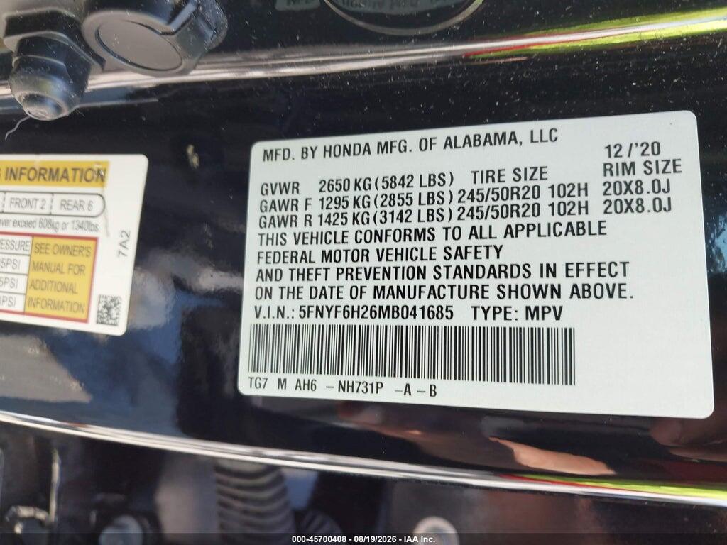5FNYF6H26MB041685 2021 HONDA PILOT photo no. 9