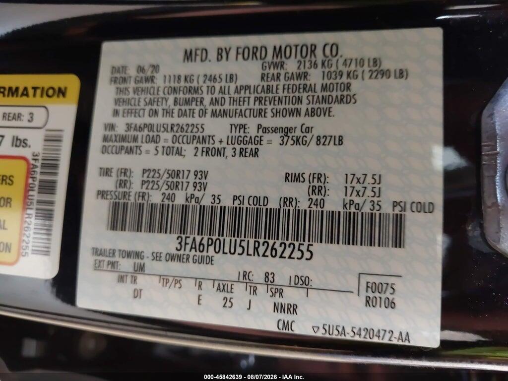 3FA6P0LU5LR262255 2020 FORD FUSION photo no. 9