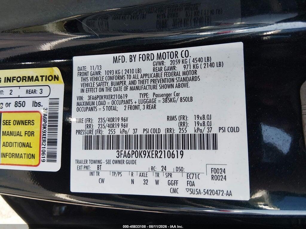 3FA6P0K9XER210619 2014 FORD FUSION photo no. 9